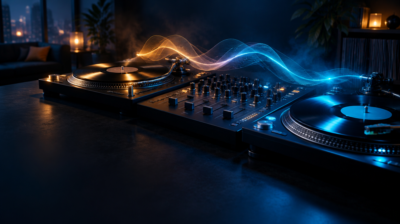 Two turntables and a central DJ mixer bridged by an amber-and-cyan illuminated waveform