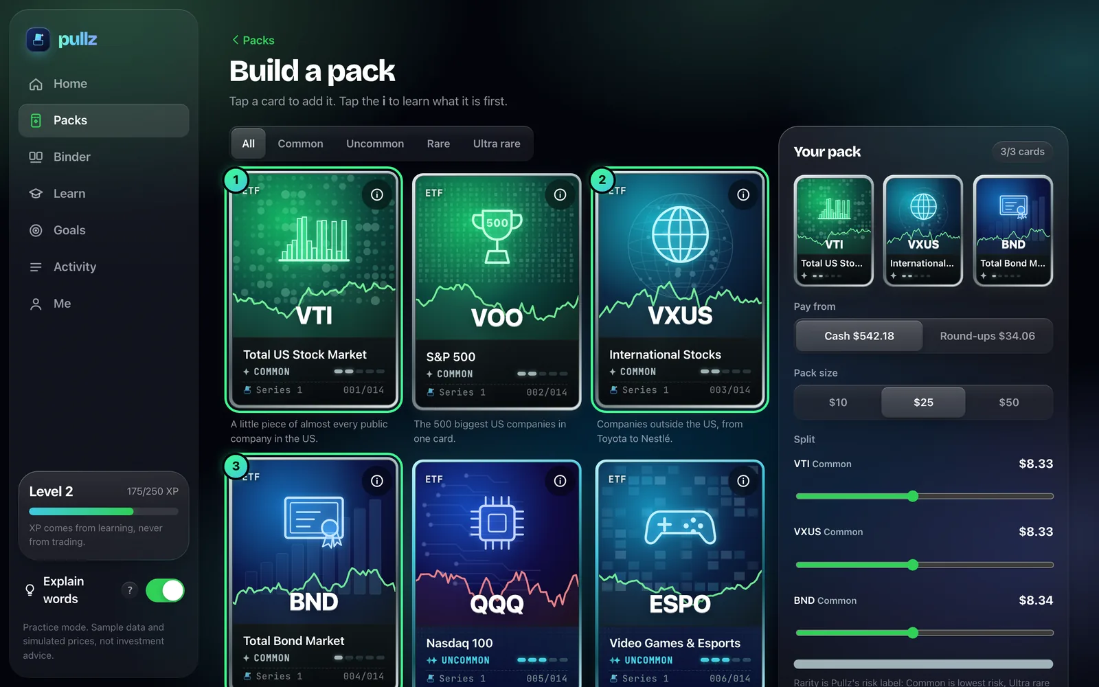 Desktop pack builder with a catalog of cards and a pack summary