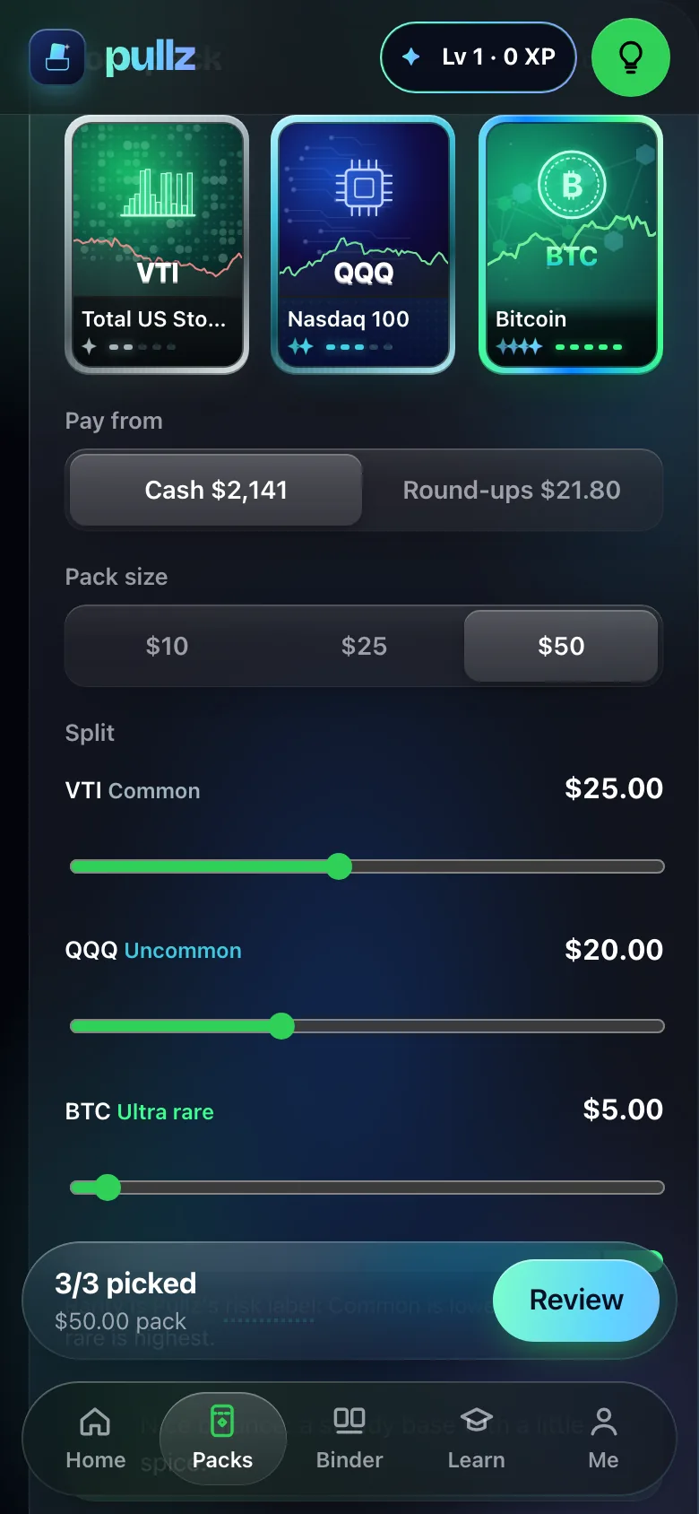 Phone pack builder with QQQ, Apple and Bitcoin, split sliders and a risk bar