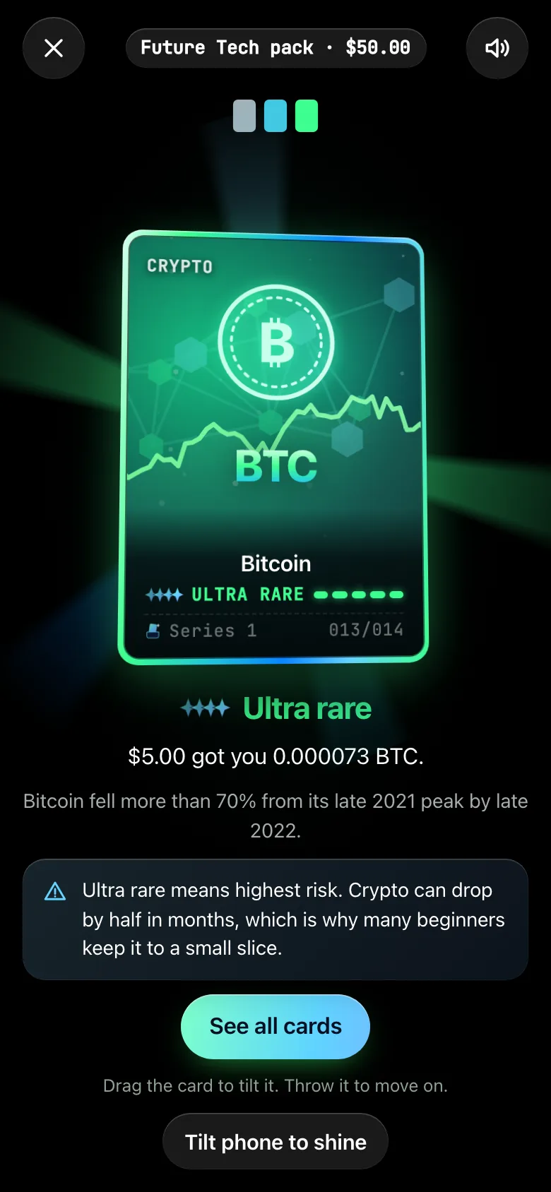 Bitcoin revealed as an Ultra rare holo card with a risk warning
