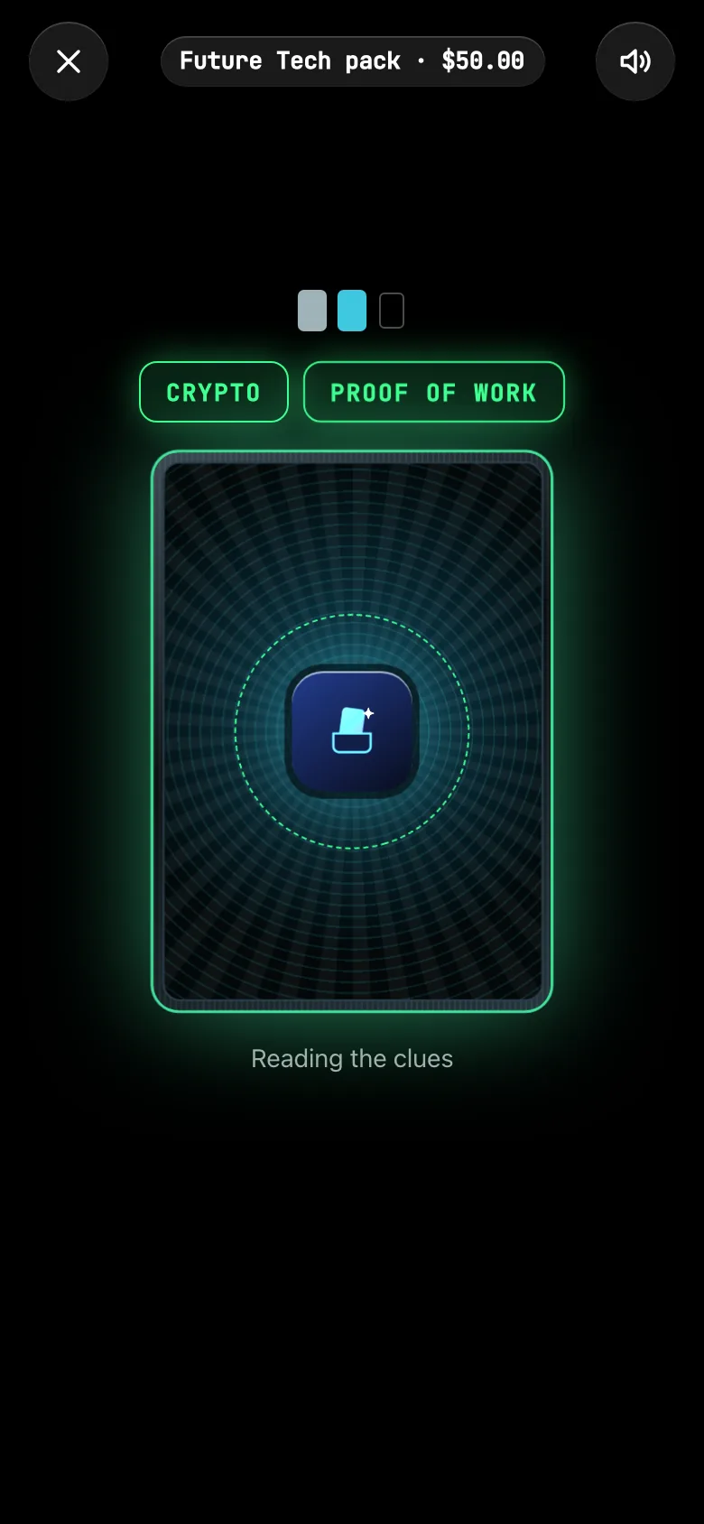Clue chips reading Crypto and Risk 5 of 5 above a glowing card back, with the ticker typing in