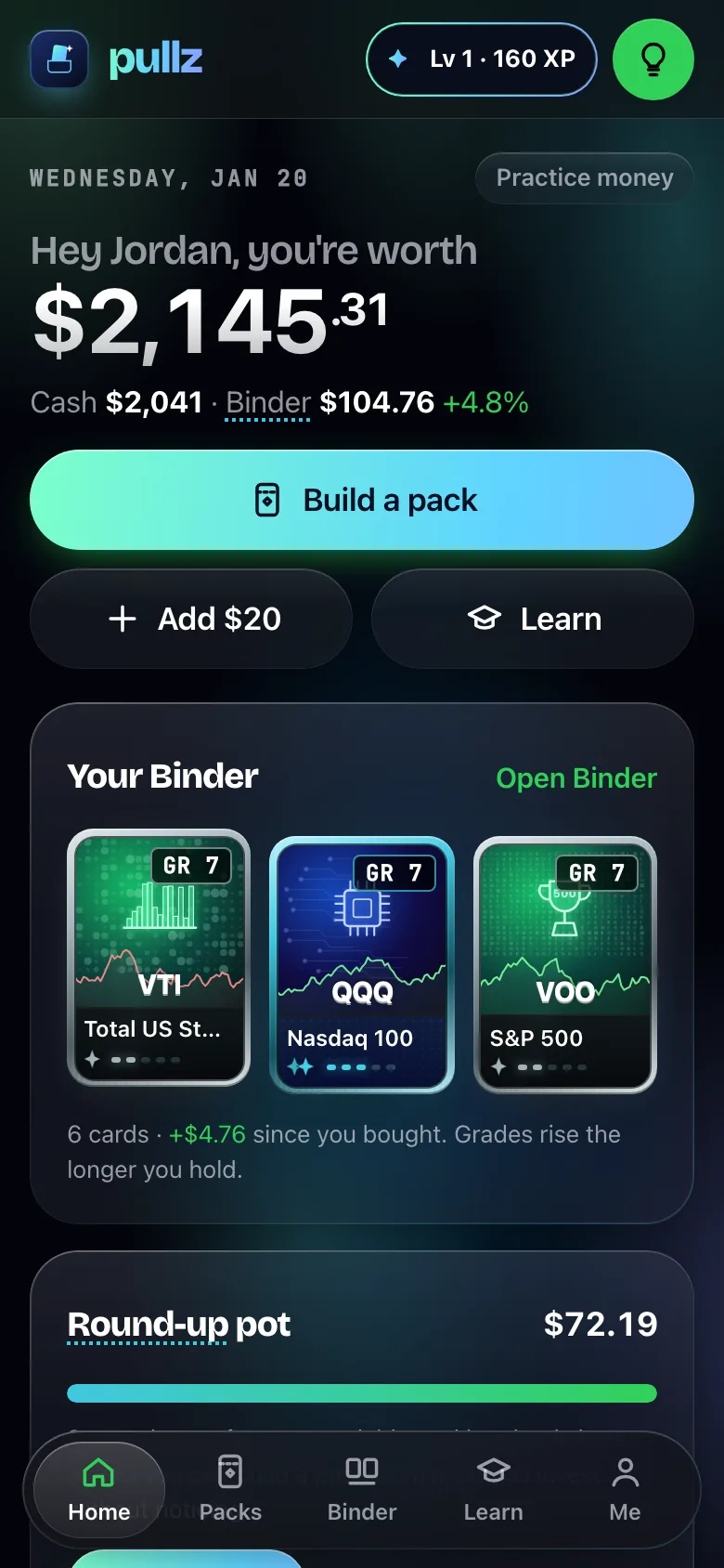 The new Pullz home: total worth, a Binder of investment cards and a round-up pot