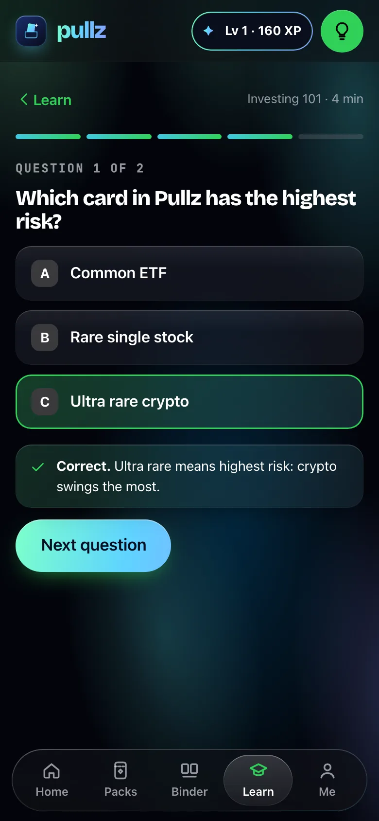 A quiz question about which card has the highest risk, answered correctly