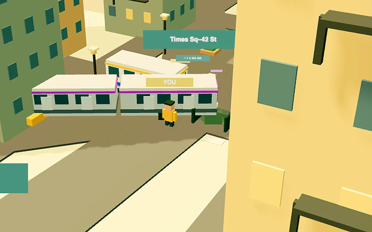 Borough Hopper in play: a voxel subway train pulls into Times Square between pastel blocks