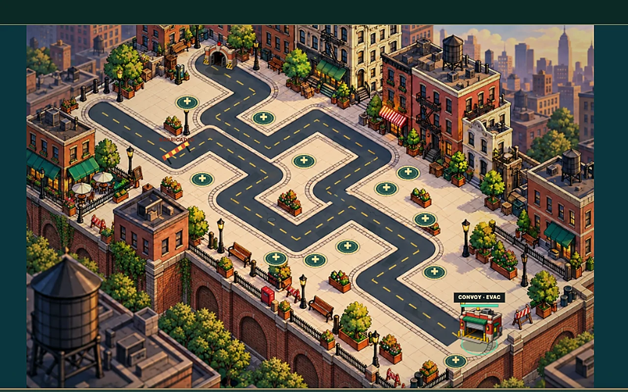 Isometric Canal Street stage of Boroughfall: a winding road through brick blocks, trees and a water tower