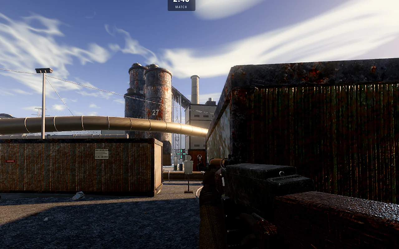 Claude of Duty first-person view: rifle raised in an industrial yard of pipes and corrugated sheds