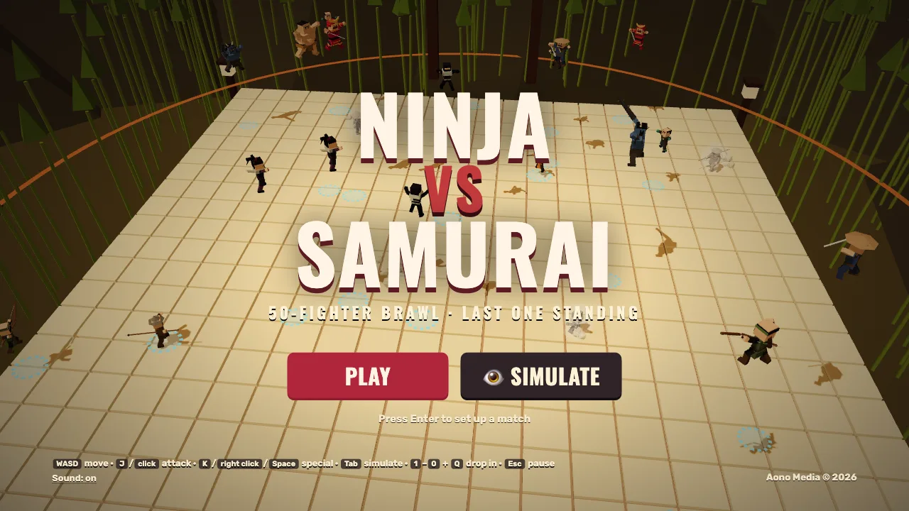 Ninja vs Samurai title screen over a low-poly castle courtyard full of samurai, ninja and sumo fighters