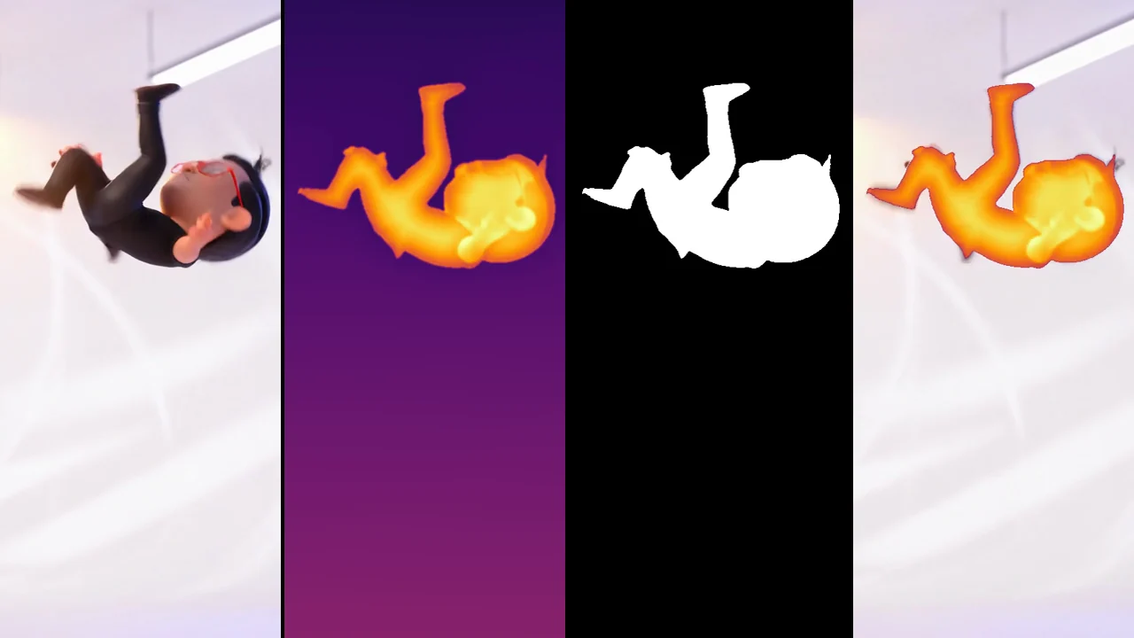 One animated character shown four ways: the original frame, an orange depth silhouette, a white cut-out mask and the silhouette composited over the original room