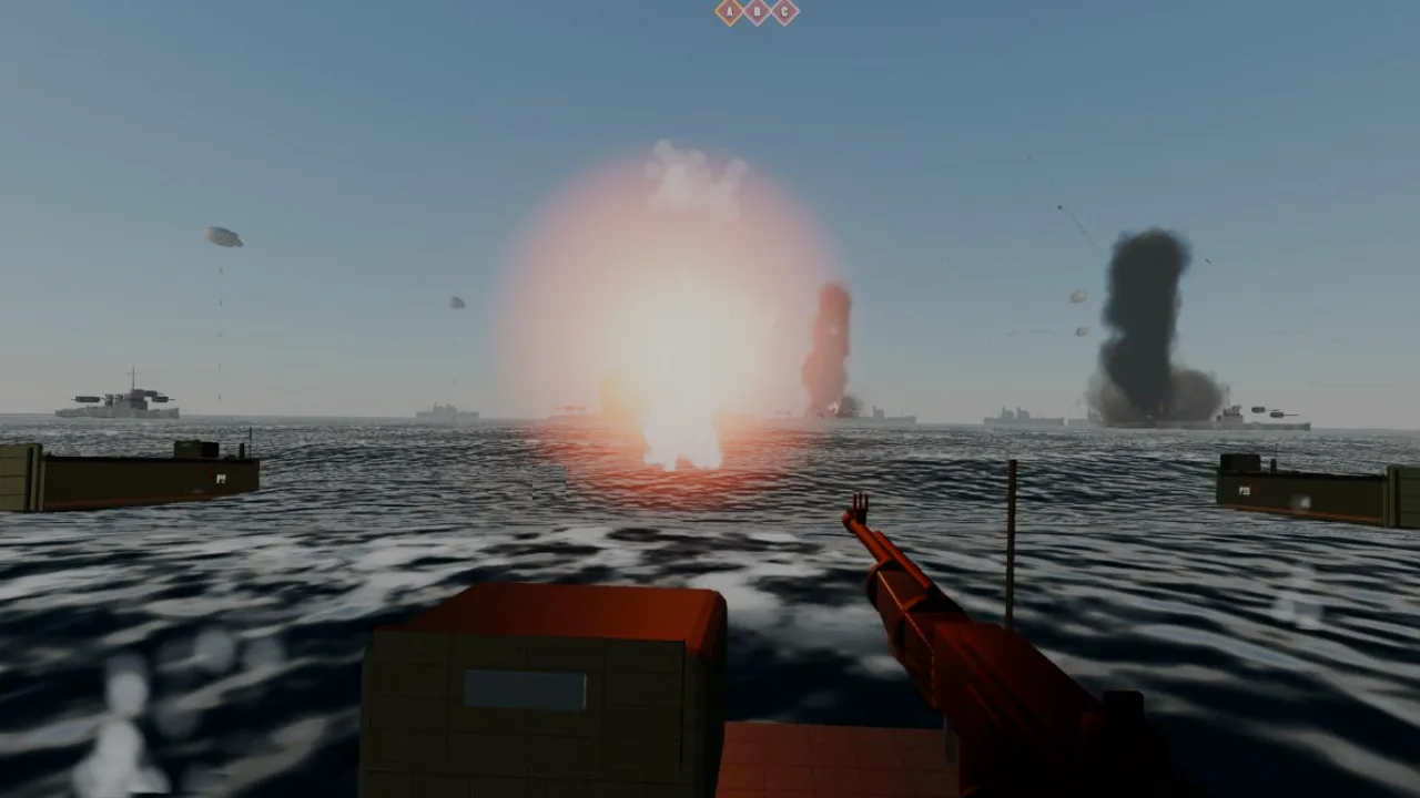 First-person view from a landing craft as shells burst over the sea and destroyers burn on the horizon