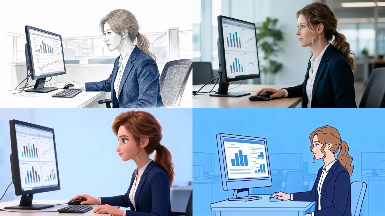 The same office worker reviewing a dashboard, shown in four illustration styles: pencil sketch, photo, 3D animation and flat line vector