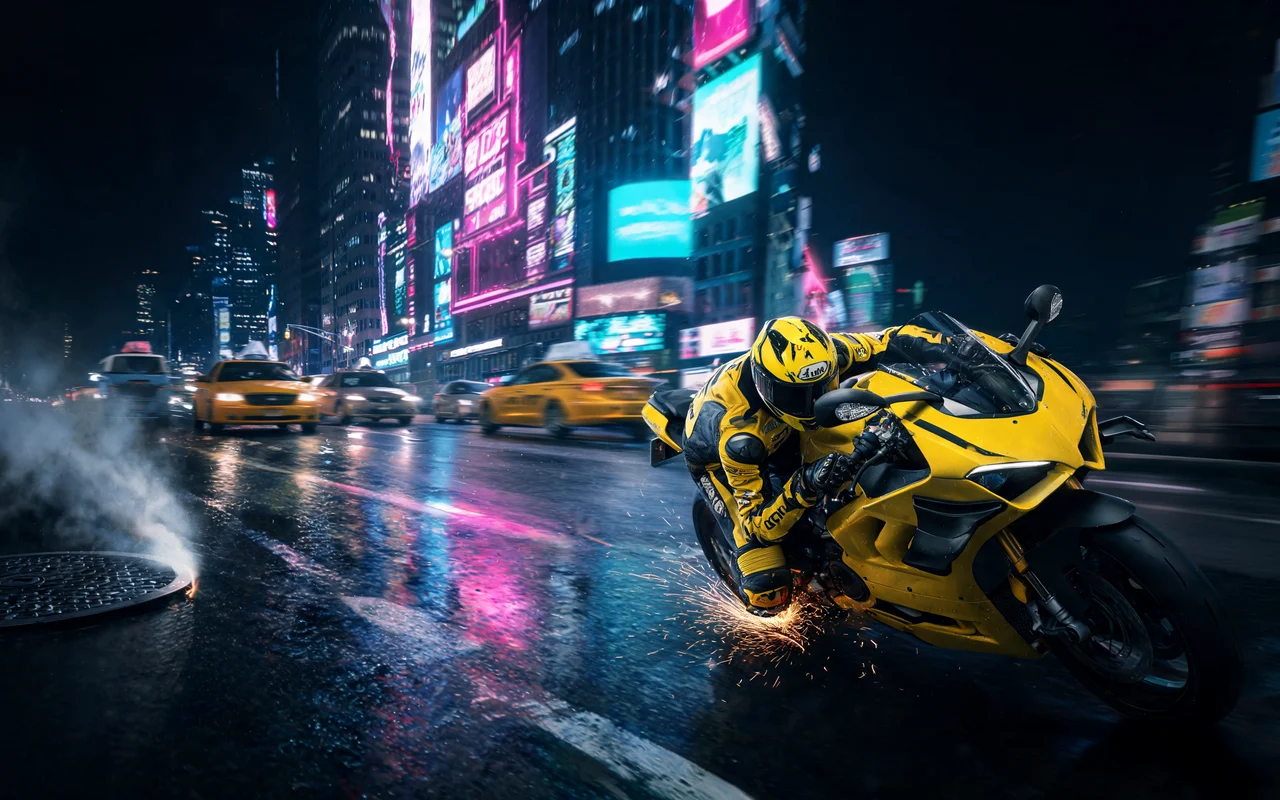 A rider in yellow leathers drags a knee on a yellow superbike through neon Times Square at night, sparks flying off the wet street