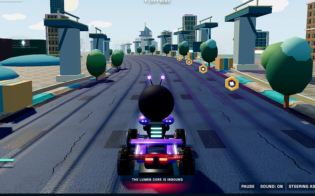 Skidlings in play: the courier kart speeds down a wide city boulevard between towers and trees