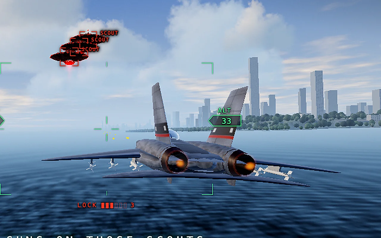 Skyfall Invasion in play: the fighter banks over the harbour toward a saucer as smoke rises from the city