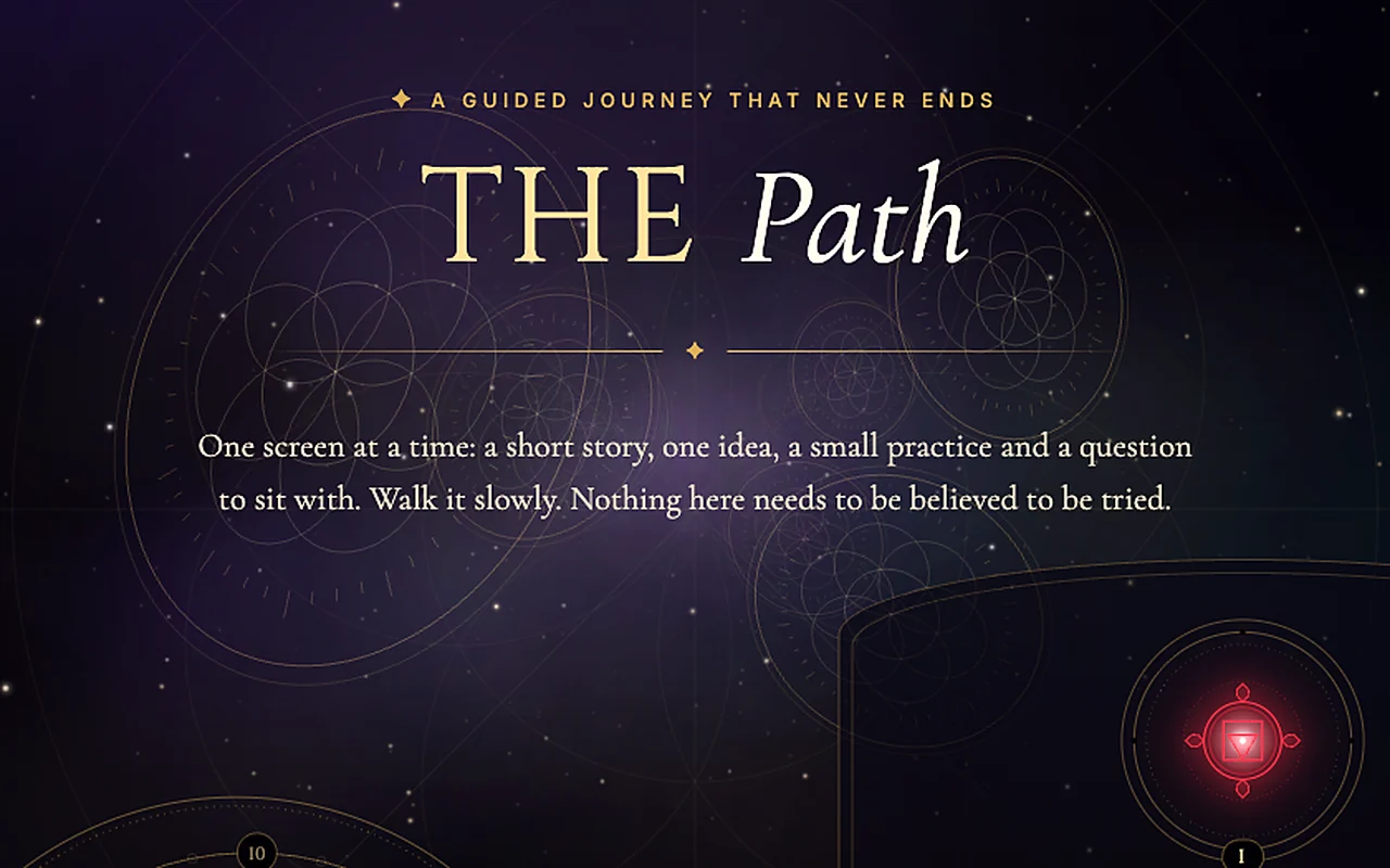 Starseed Atlas opening screen: The Path headline over a starfield with gold sacred-geometry rings