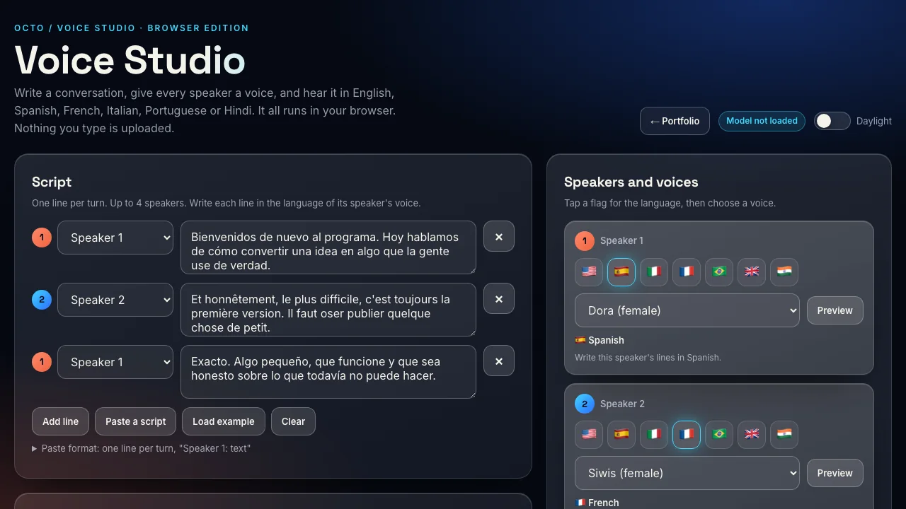 Voice Studio: a script in Spanish and French with language flags and a voice picker for each speaker