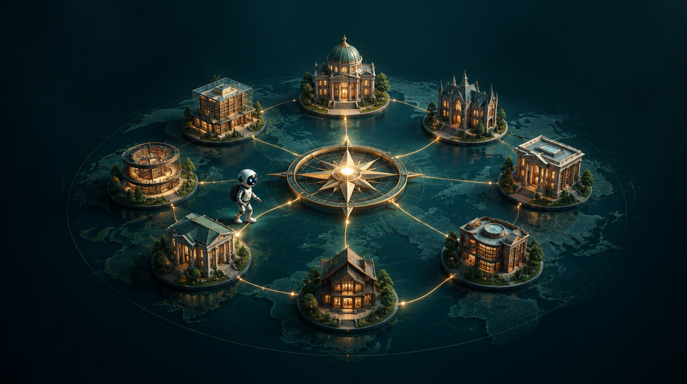 An elegant dark teal knowledge map with eight illuminated library buildings surrounding a glowing compass, with a small robot guide walking between them