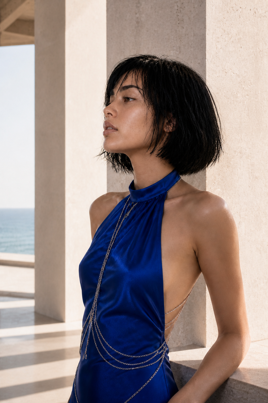Aria in profile in a sunlit coastal gallery