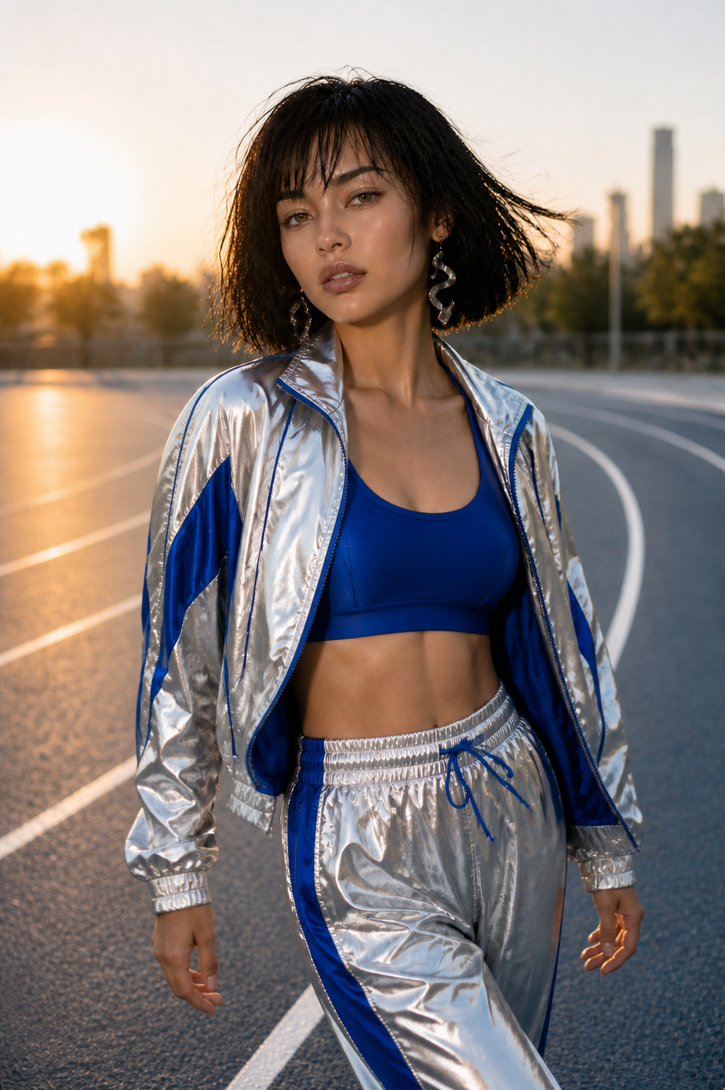 Aria in a silver-blue couture gown in a prism gallery