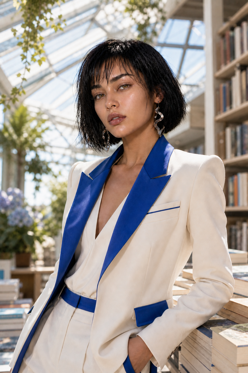 Aria in a lavender couture look in an editorial studio