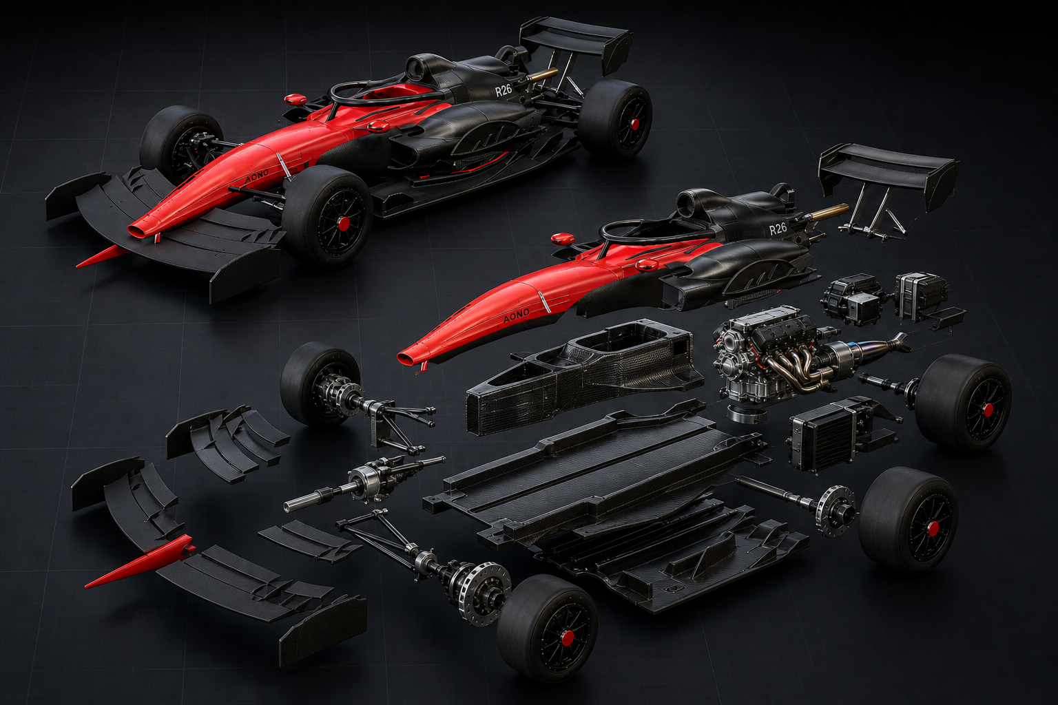 AONO R26 Formula 1 racing car shown assembled and mechanically exploded