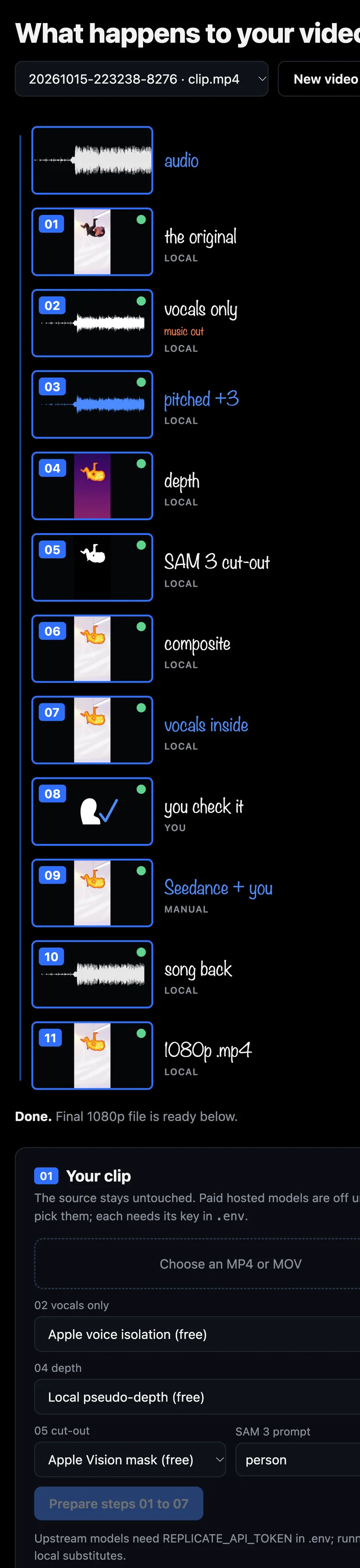 The same app on a phone, with the steps stacked in order from audio to 1080p