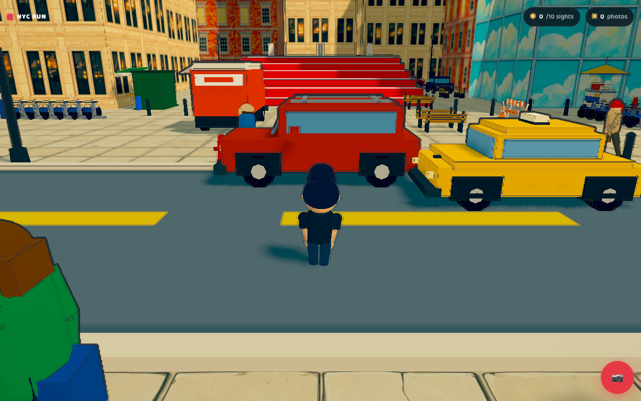 Stylized 3D New York street scene with a yellow taxi, red delivery truck, and TKTS steps in Times Square