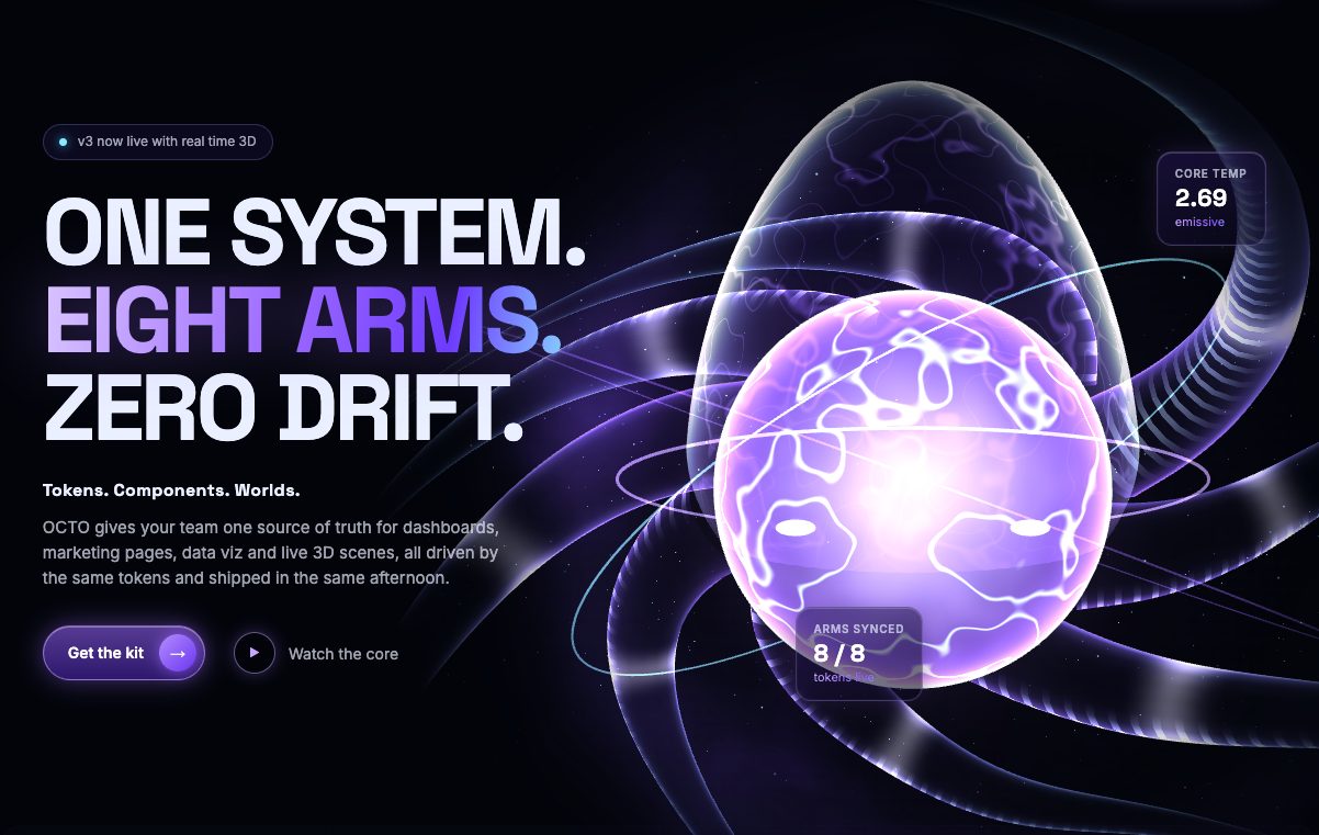 The launch hero: three line headline, one plasma button, glowing core to the right