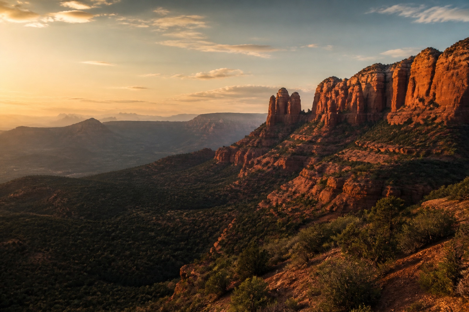 Sunrise warming Sedona red rocks above a winding desert trail