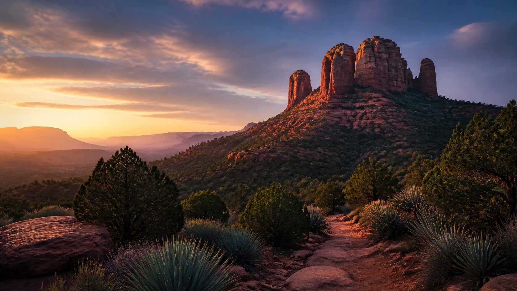 Sunrise warming Sedona red rocks above a winding desert trail